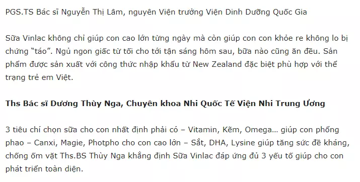 Đánh giá từ một số chuyên gia về sữa VINLAC