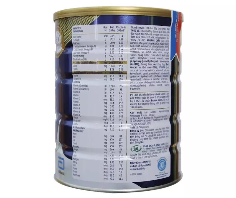 Thành phần dinh dưỡng của sữa bột Abbott Ensure Gold 850g