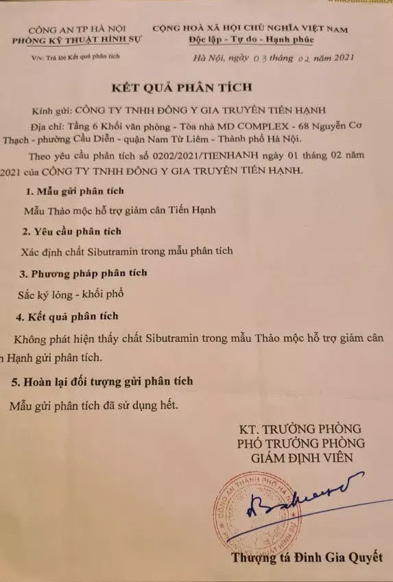 Giấy kiểm định giảm cân Tiến Hạnh