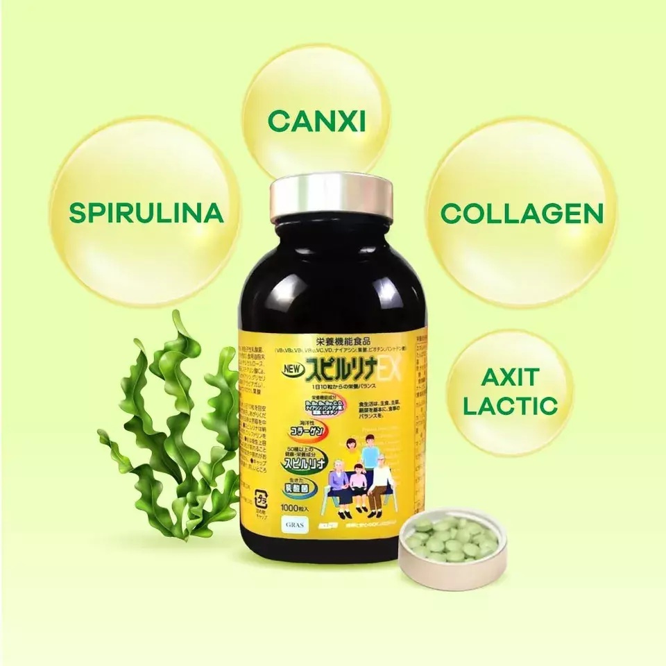 Tảo vàng Nhật Spirulina EX là dạng viên nang màu xanh lá, có kích thước nhỏ, dễ nuốt