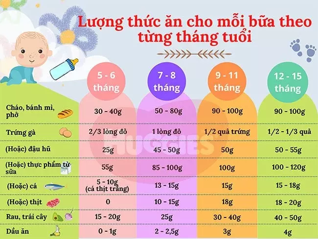 Bảng định lượng thức ăn cho mỗi bữa theo từng tháng tuổi