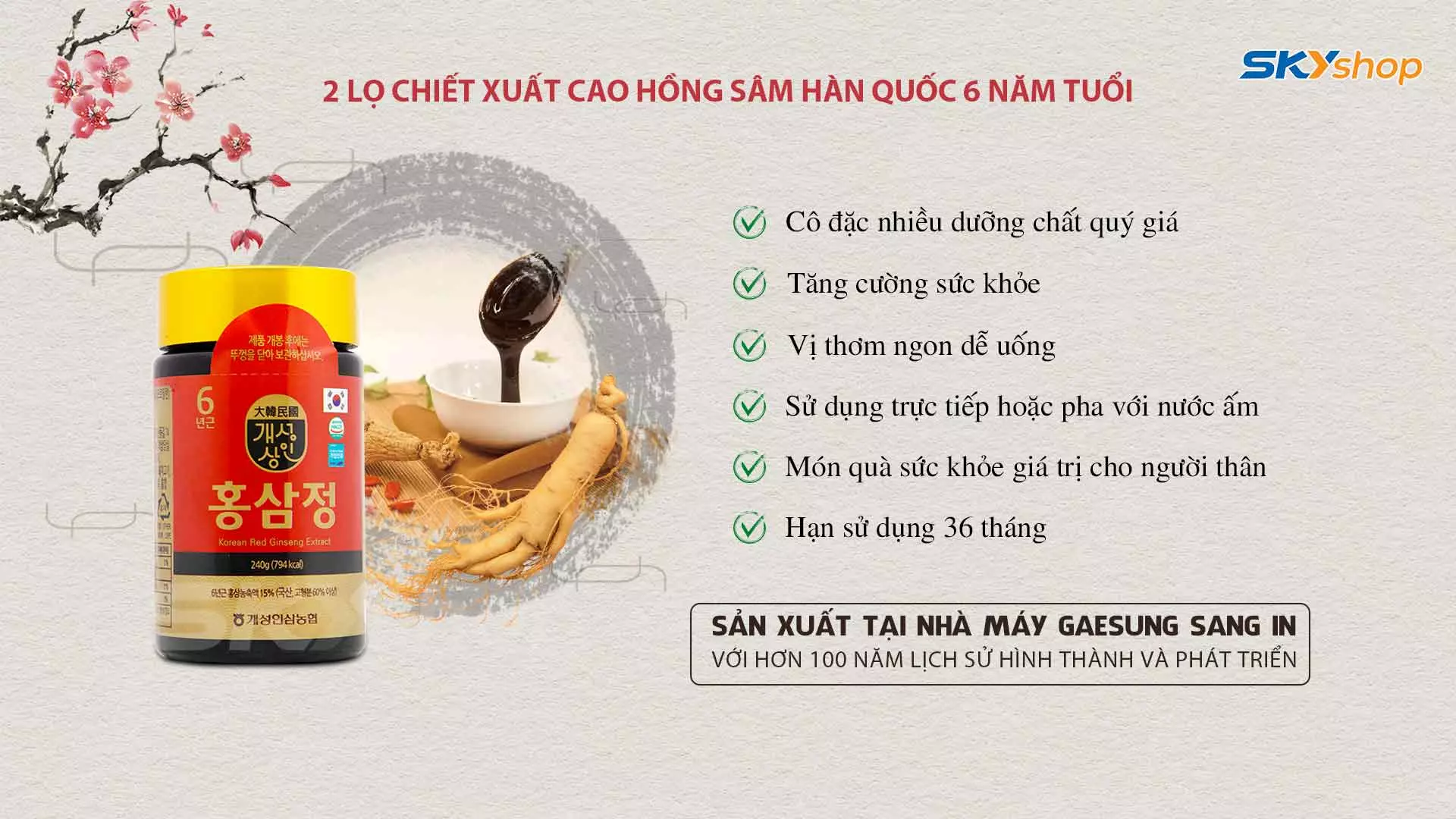 1 Hộp Cao Hồng Sâm Hàn Quốc 240g/hũ (1 hộp 2 lọ) - (Hồng sâm 6 năm tuổi) - Tặng 2 Hộp Trà Sâm Wongin-T Ginseng Tea 200g (100 Gói X 2g) + 1 Gói Kẹo Sâm Không Đường