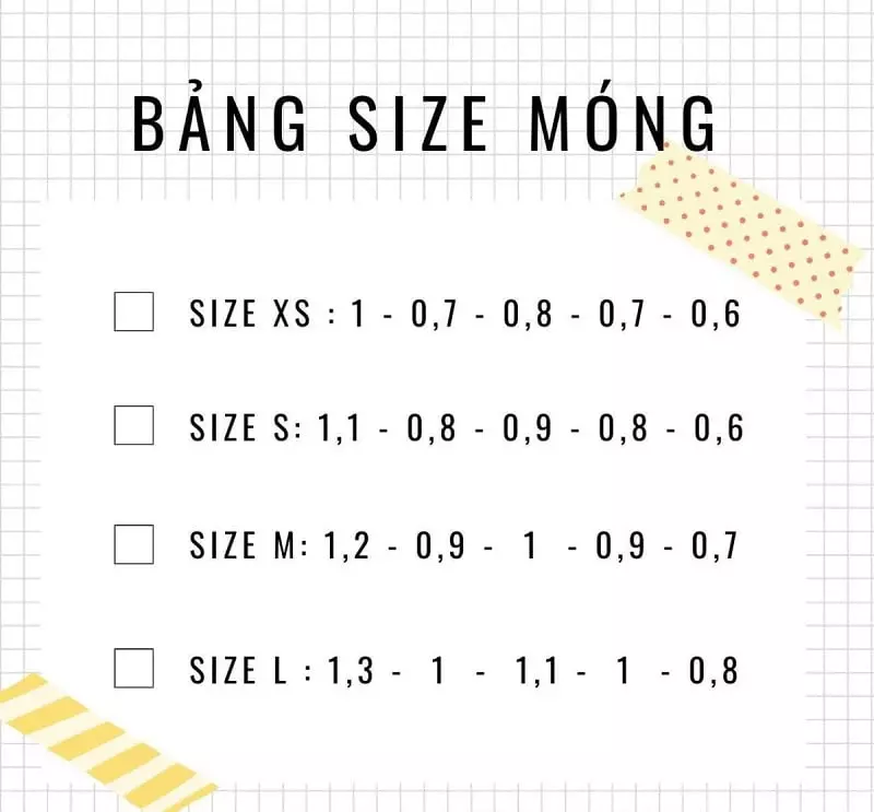 Bảng size móng tham khảo