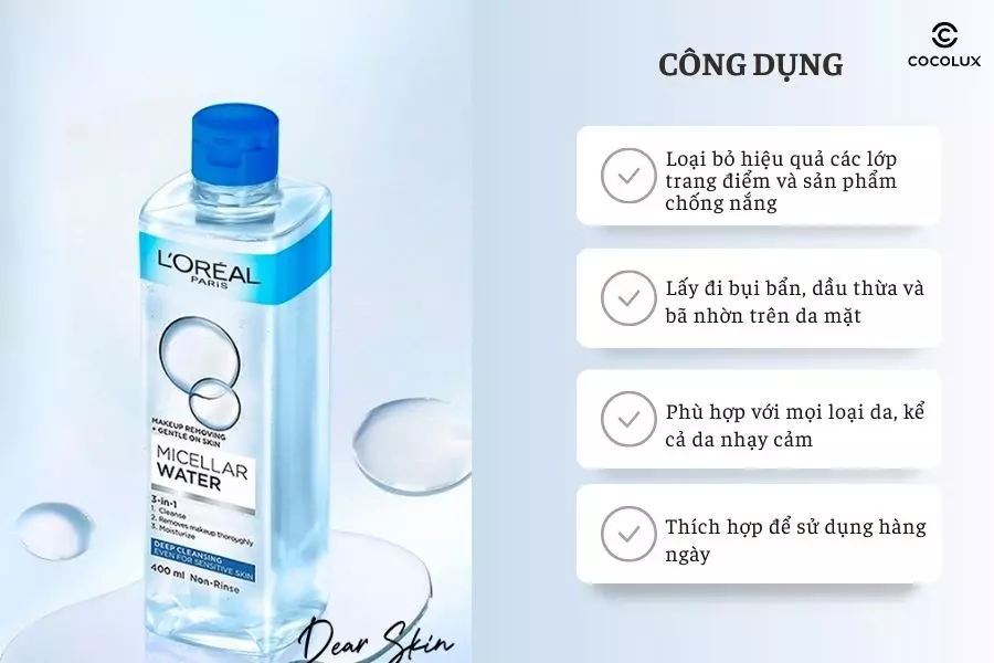 Nước Tẩy Trang Loreal Xanh Đậm Micellar Water Làm Sạch Sâu Trang Điểm có nhiều công dụng nổi bật