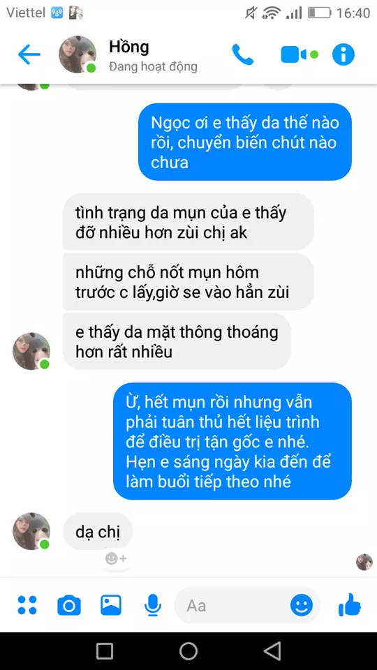 Feedback của khách hàng trị mụn sau 1 buổi điều trị tại Vietcharm