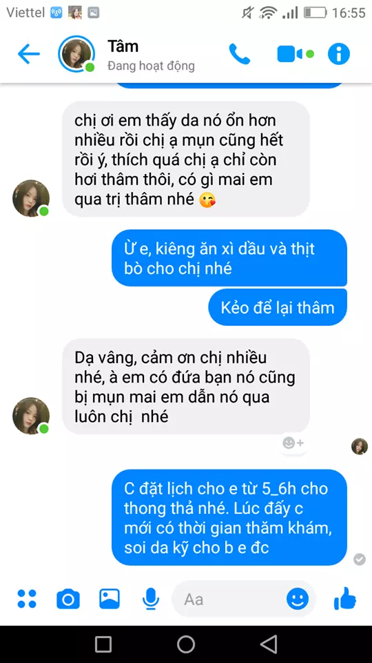 Feedback của khách hàng trị mụn được chuyên viên chăm sóc tận tình