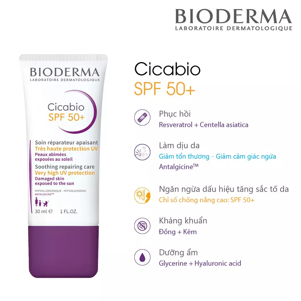 Kem Dưỡng Ẩm, Phục Hồi Và Chống Nắng Dành Cho Da Tổn Thương Bioderma Cicabio Crème SPF 50+