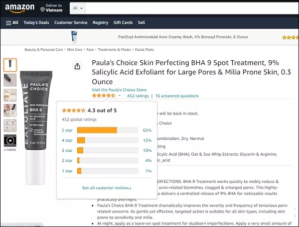 Paula’s Choice Skin Perfecting BHA 9 đánh giá 4.3/5 sao trên Amazon