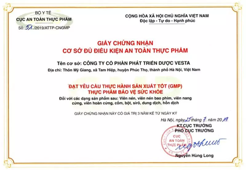 Giấy xác nhận GMP nhà máy Công ty VESTA