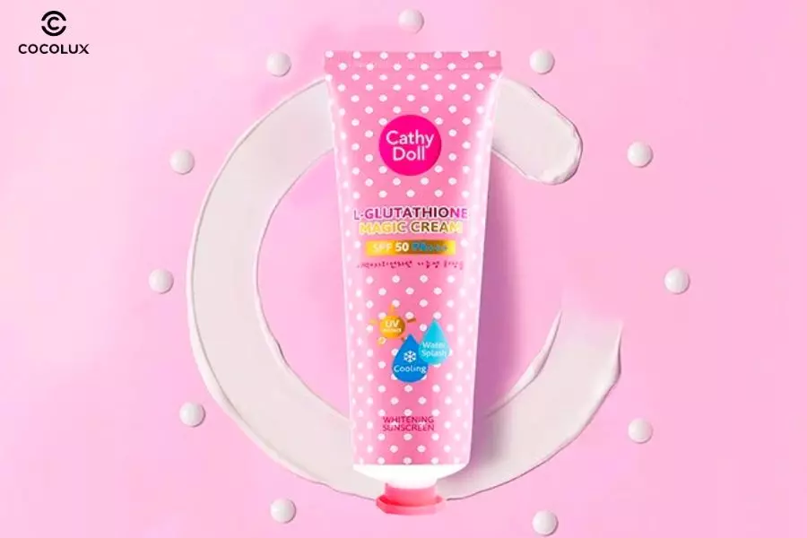 Kem Chống Nắng Cathy Doll Whitening Sunscreen L-Glutathione Magic Cream 60ml có thiết kế màu hồng chấm bi xinh xắn