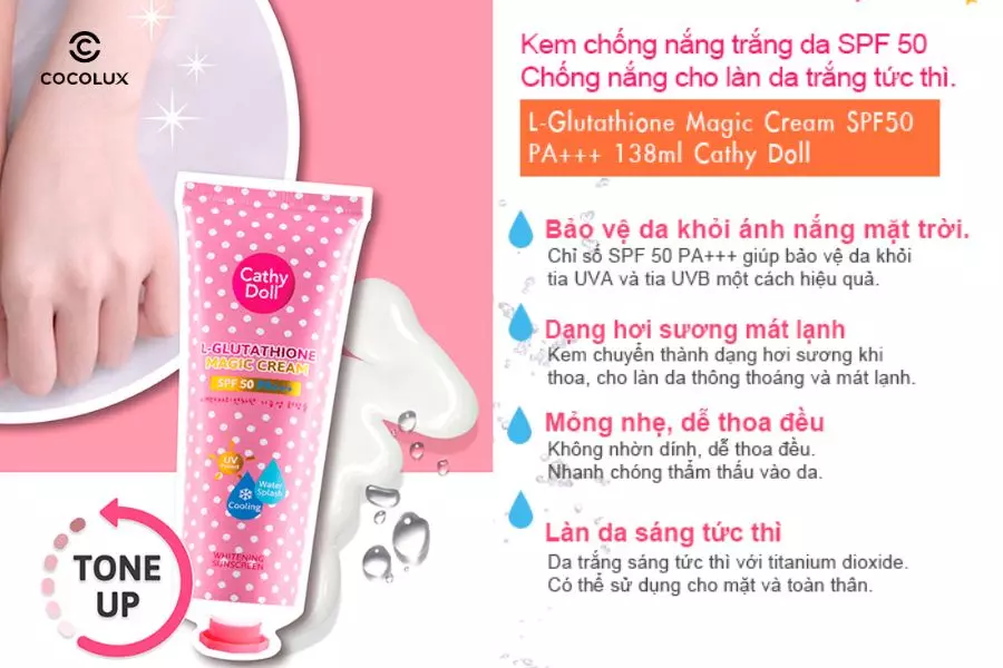 Kem Chống Nắng Cathy Doll Whitening Sunscreen L-Glutathione Magic Cream 60ml có nhiều công dụng nổi bật