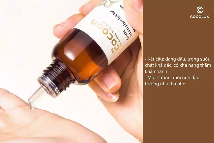 Kết cấu, mùi hương của Tinh Chất Dưỡng Tóc Cocoon Sa-chi Serum Phục Hồi Tóc Inca Inchi Hair Repair