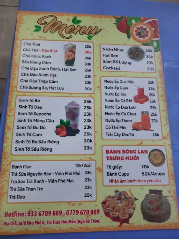 Menu của quán Chè Thái Kim Thoa có rất nhiều món ngon đa dạng