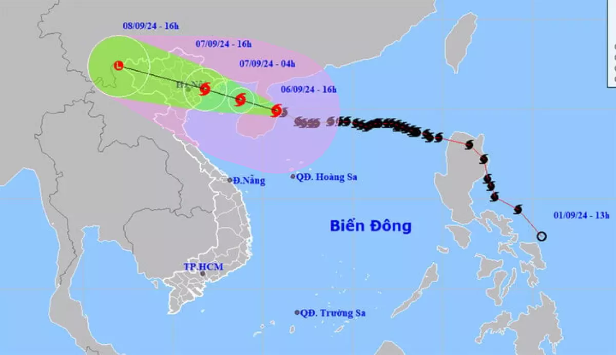 Dự báo đường đi và vùng ảnh hưởng của siêu bão Yagi. (Nguồn: NCHMF)